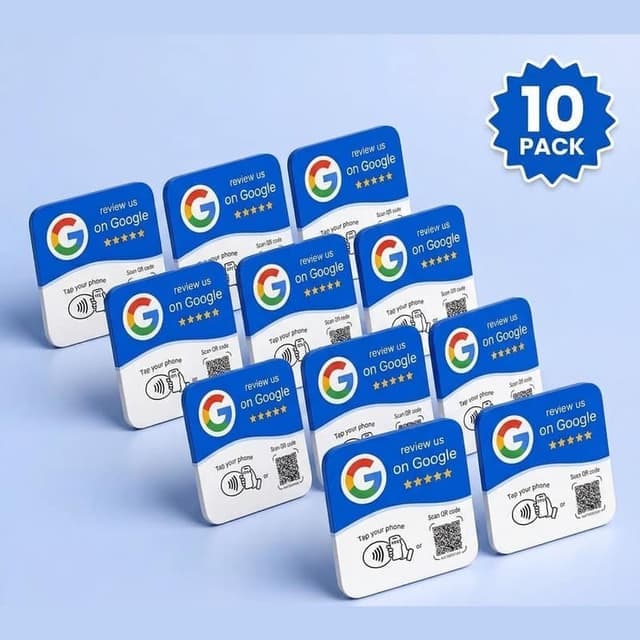 Pack de 10 tarjetas de reseñas Google dispuestas en filas sobre fondo claro.