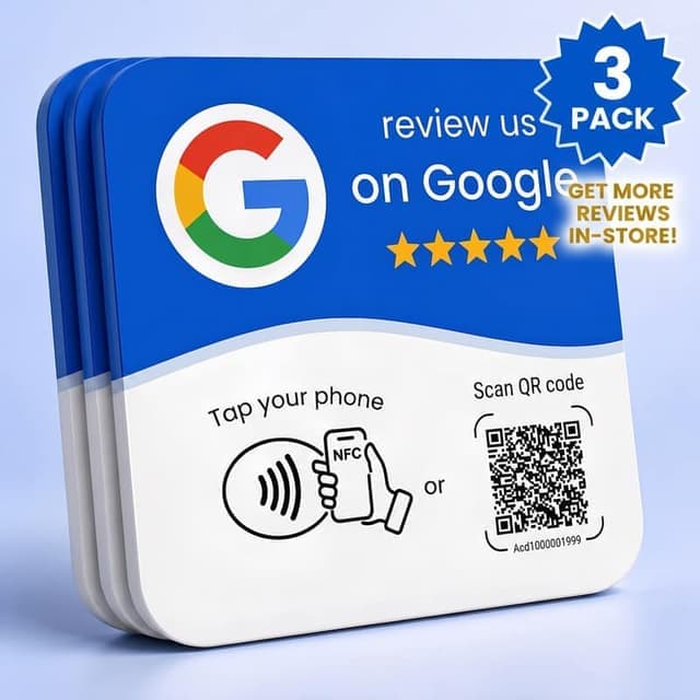 Pack de 3 tarjetas de reseñas Google apiladas, con el logo de Google, cinco estrellas e instrucciones para acercar el teléfono o escanear el QR.