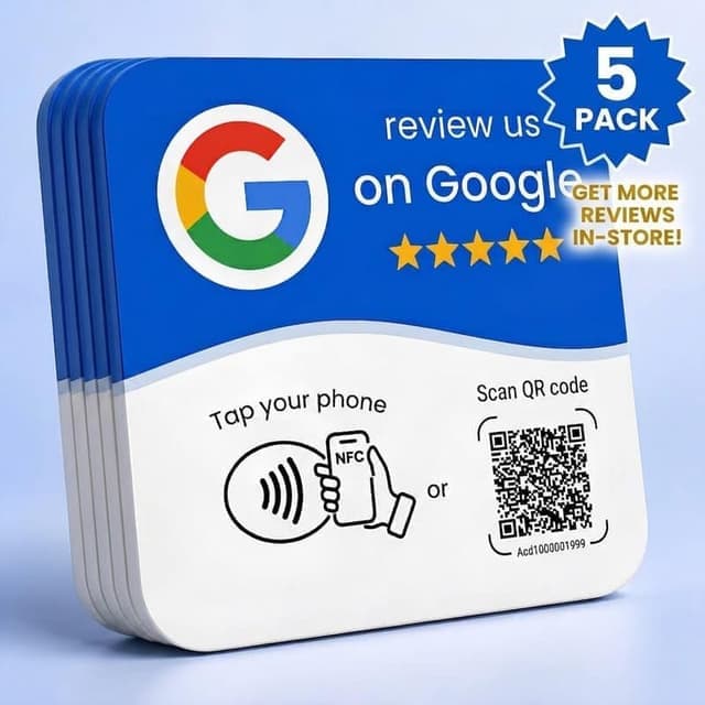Pack de 5 tarjetas de reseñas Google apiladas, vistas en ángulo.