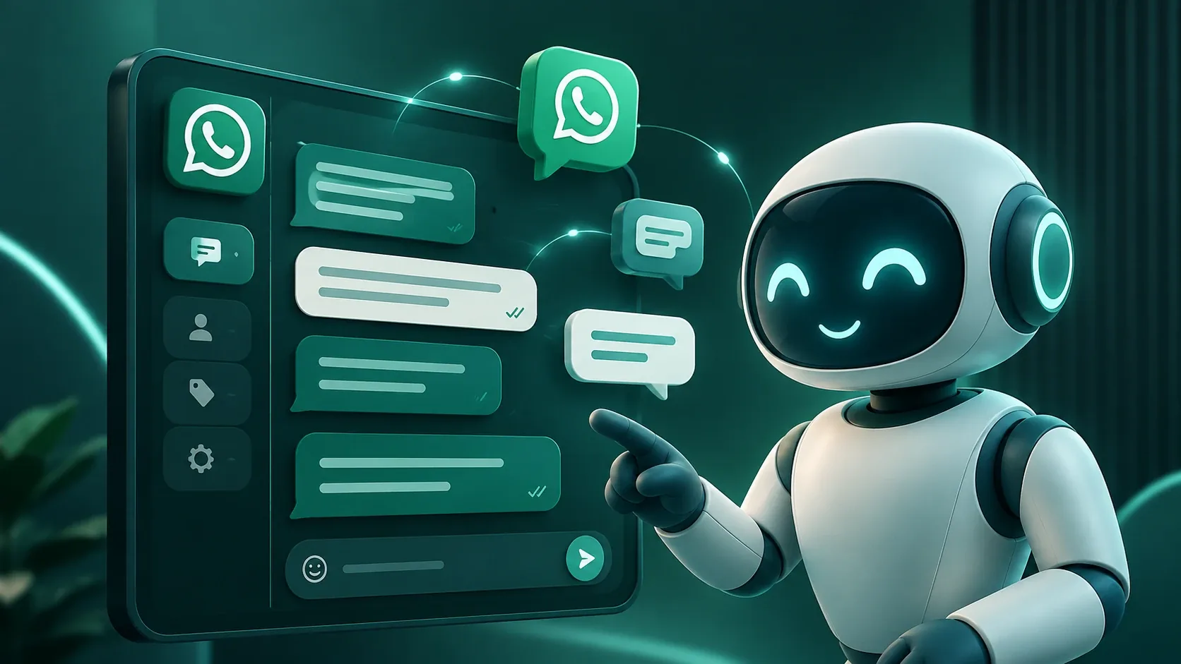 Un robot señala una conversación de WhatsApp en pantalla con los mensajes ya respondidos.