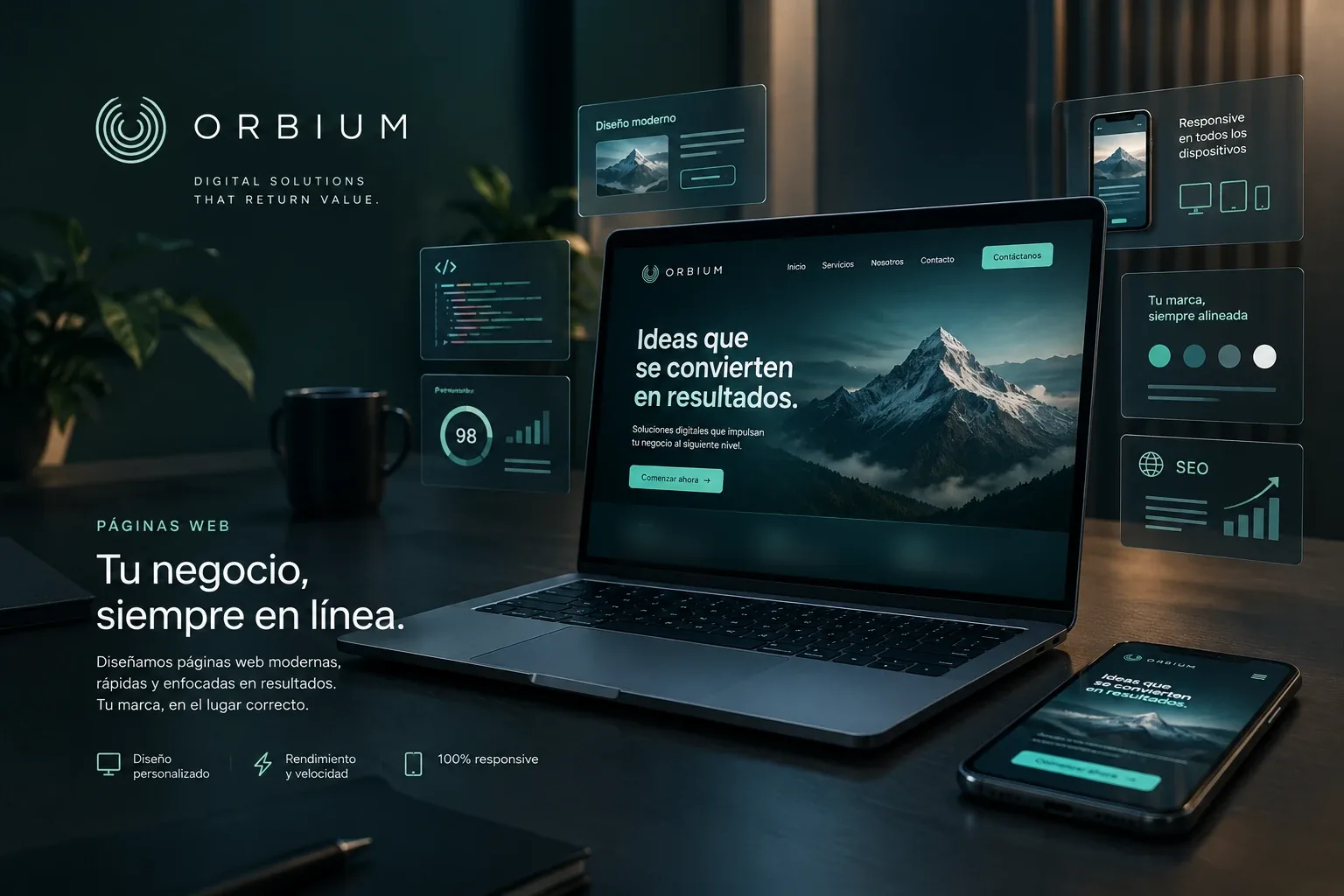 Una web de Orbium abierta en un portátil y en un teléfono, rodeada de paneles con el diseño, la velocidad, la versión móvil y el posicionamiento en Google.
